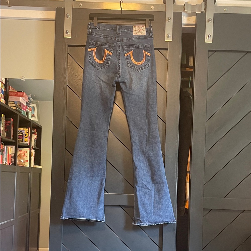 True Religion Women's Blue Flare Jeans with Orange Accents